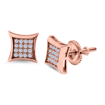 Square Hip Hop Iced Out Screwback Stud Earrings Rose Tone, Simulated CZ 925 Sterling Silver